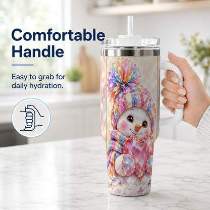 #pl[40oz|White] Pastel Snowman 40oz Tumbler with Handle, Christmas Travel Cup for Her