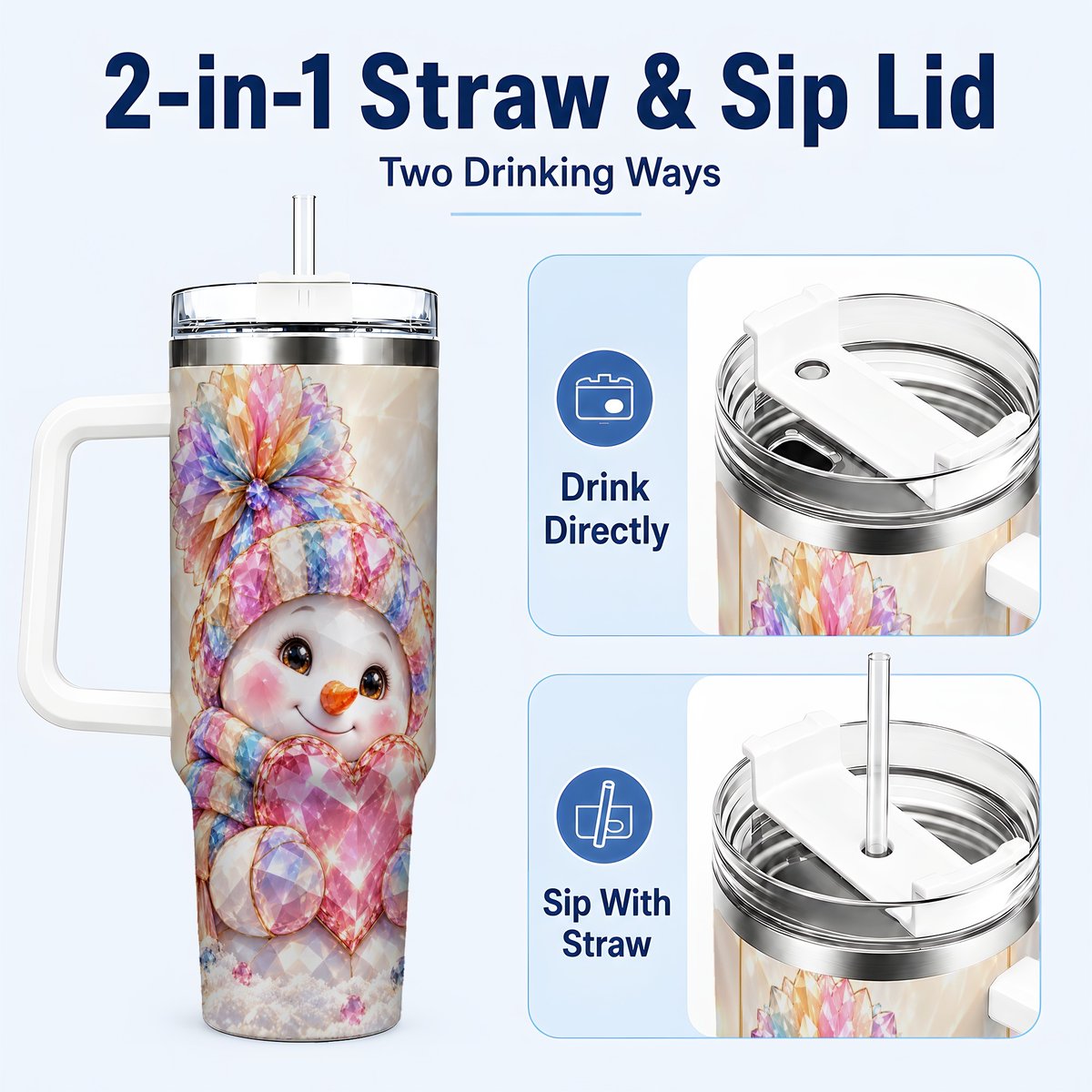 #pl[40oz|White] Pastel Snowman 40oz Tumbler with Handle, Christmas Travel Cup for Her