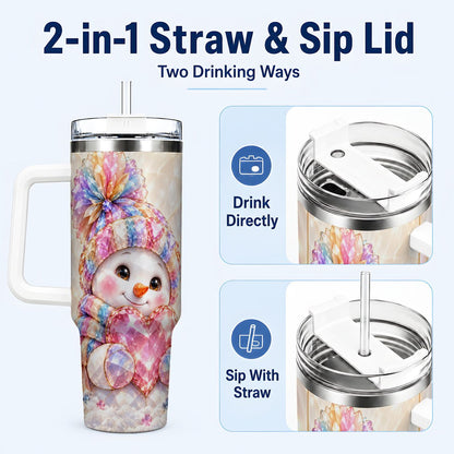 #pl[40oz|White] Pastel Snowman 40oz Tumbler with Handle, Christmas Travel Cup for Her