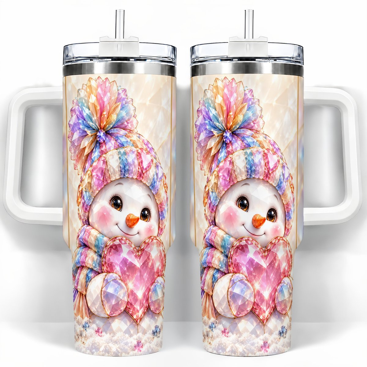 Pastel Snowman 40oz Tumbler with Handle, Christmas Travel Cup for Her