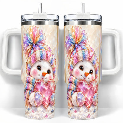 Pastel Snowman 40oz Tumbler with Handle, Christmas Travel Cup for Her