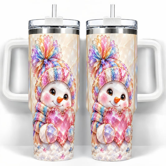 Pastel Snowman 40oz Tumbler with Handle, Christmas Travel Cup for Her