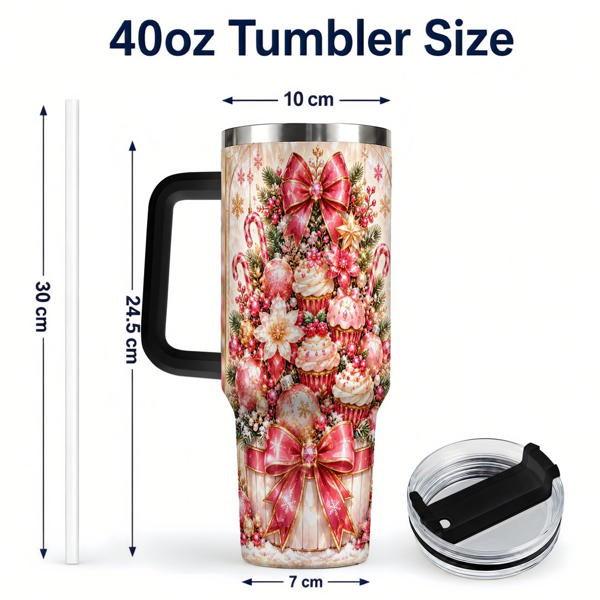 #pl[40oz|Black] Pink Christmas 40oz Tumbler with Handle, Holiday Travel Cup for Women