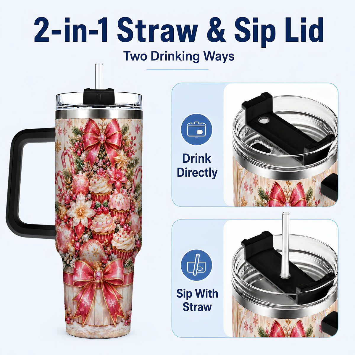 #pl[40oz|Black] Pink Christmas 40oz Tumbler with Handle, Holiday Travel Cup for Women