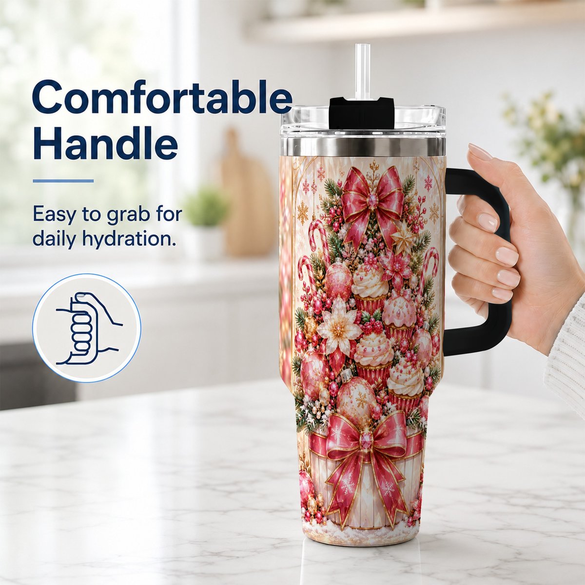 #pl[40oz|Black] Pink Christmas 40oz Tumbler with Handle, Holiday Travel Cup for Women