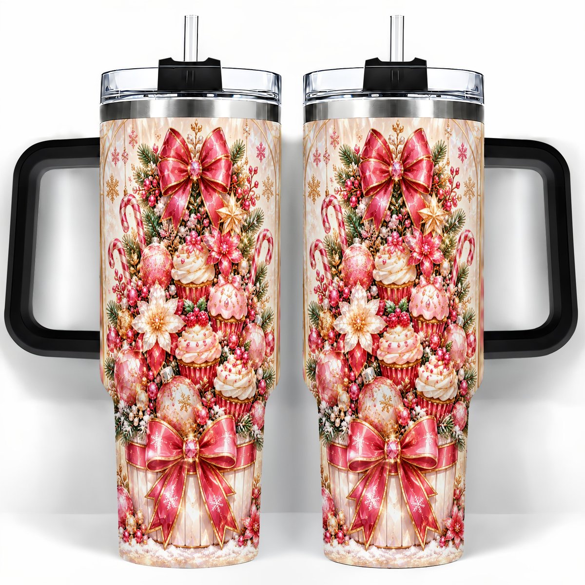#pl[40oz|Black] Pink Christmas 40oz Tumbler with Handle, Holiday Travel Cup for Women