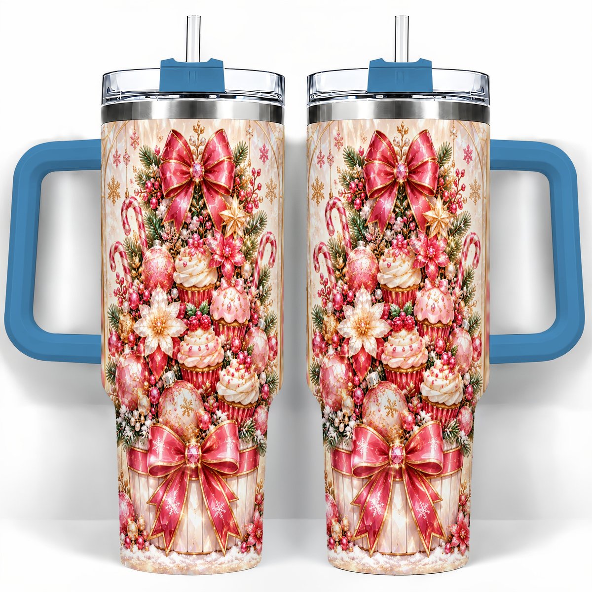 #pl[40oz|Blue] Pink Christmas 40oz Tumbler with Handle, Holiday Travel Cup for Women