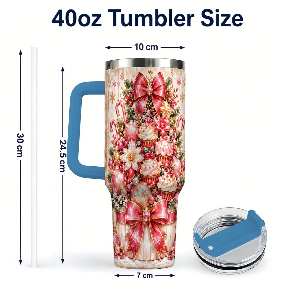 #pl[40oz|Blue] Pink Christmas 40oz Tumbler with Handle, Holiday Travel Cup for Women