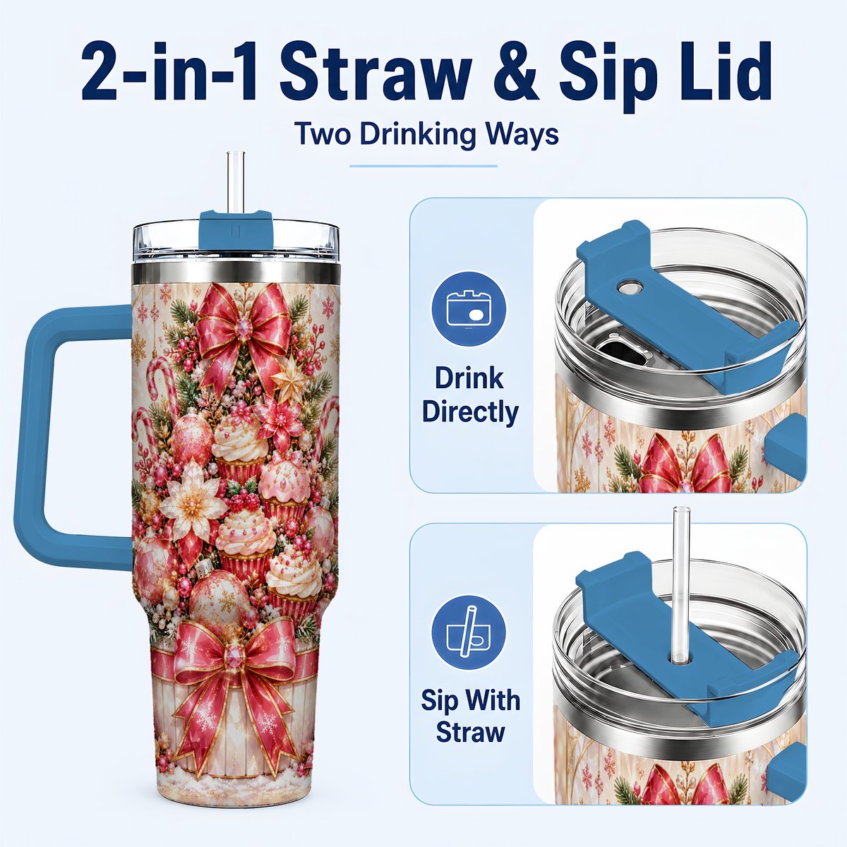 #pl[40oz|Blue] Pink Christmas 40oz Tumbler with Handle, Holiday Travel Cup for Women
