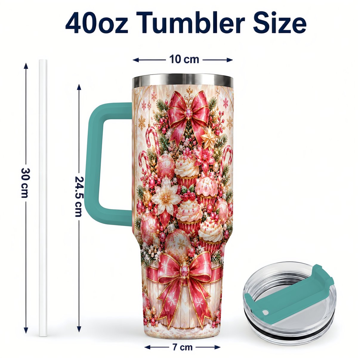 #pl[40oz|Green] Pink Christmas 40oz Tumbler with Handle, Holiday Travel Cup for Women