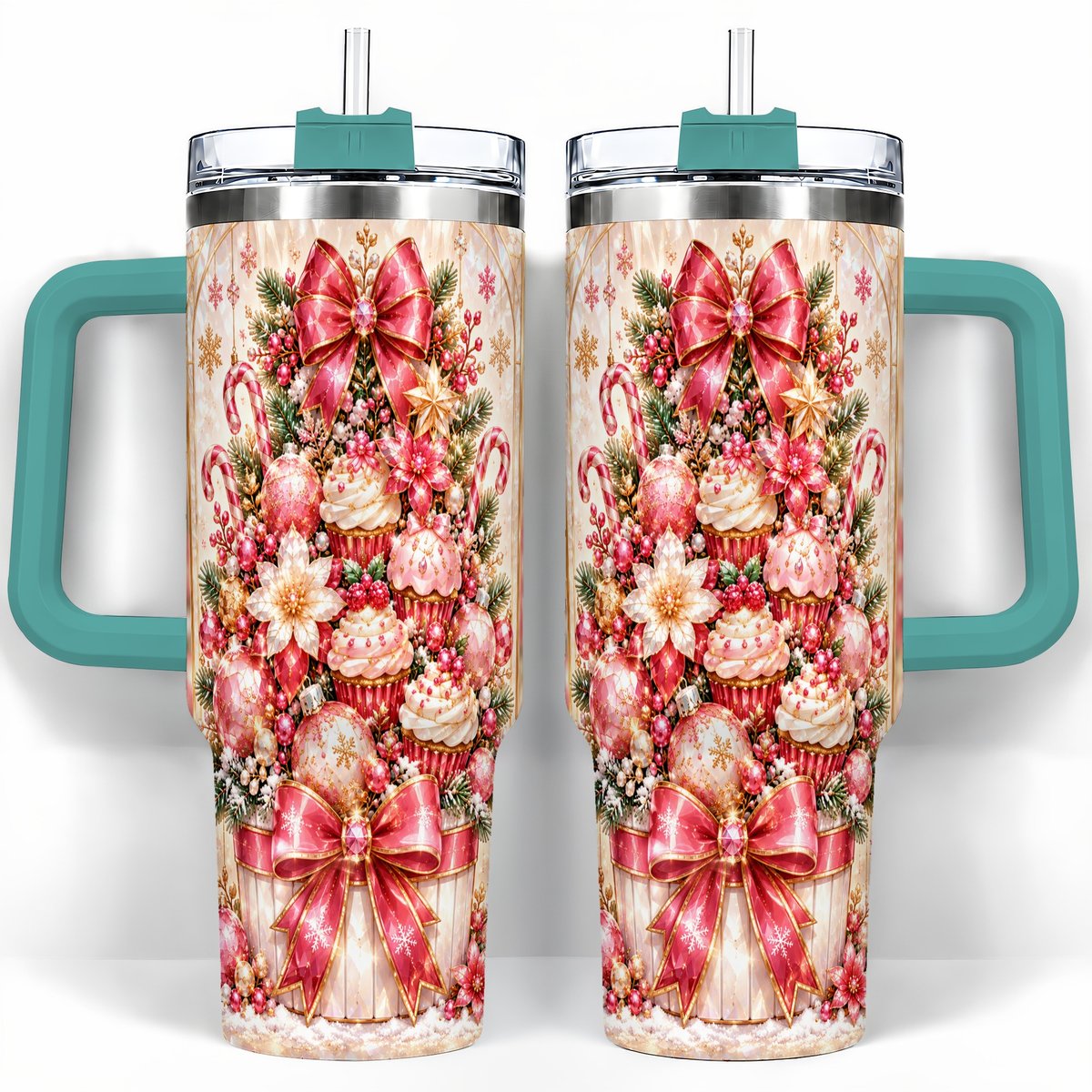 #pl[40oz|Green] Pink Christmas 40oz Tumbler with Handle, Holiday Travel Cup for Women