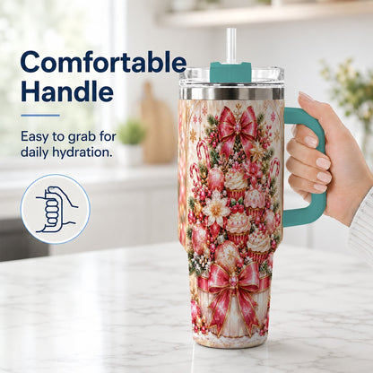 #pl[40oz|Green] Pink Christmas 40oz Tumbler with Handle, Holiday Travel Cup for Women