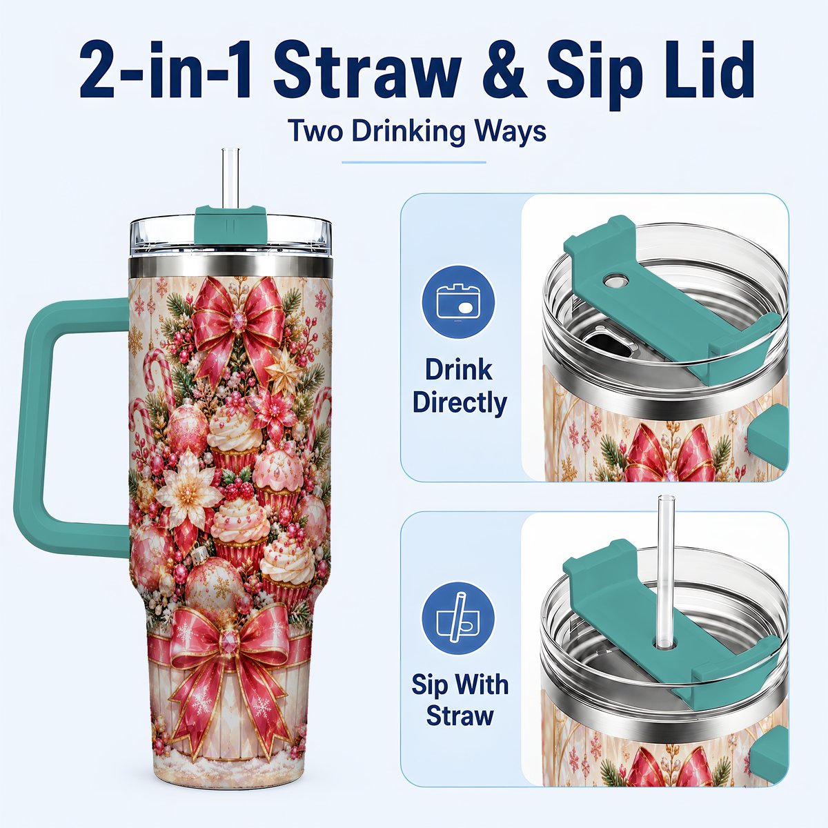 #pl[40oz|Green] Pink Christmas 40oz Tumbler with Handle, Holiday Travel Cup for Women