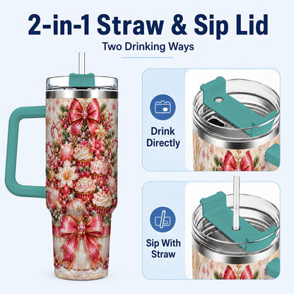 #pl[40oz|Green] Pink Christmas 40oz Tumbler with Handle, Holiday Travel Cup for Women