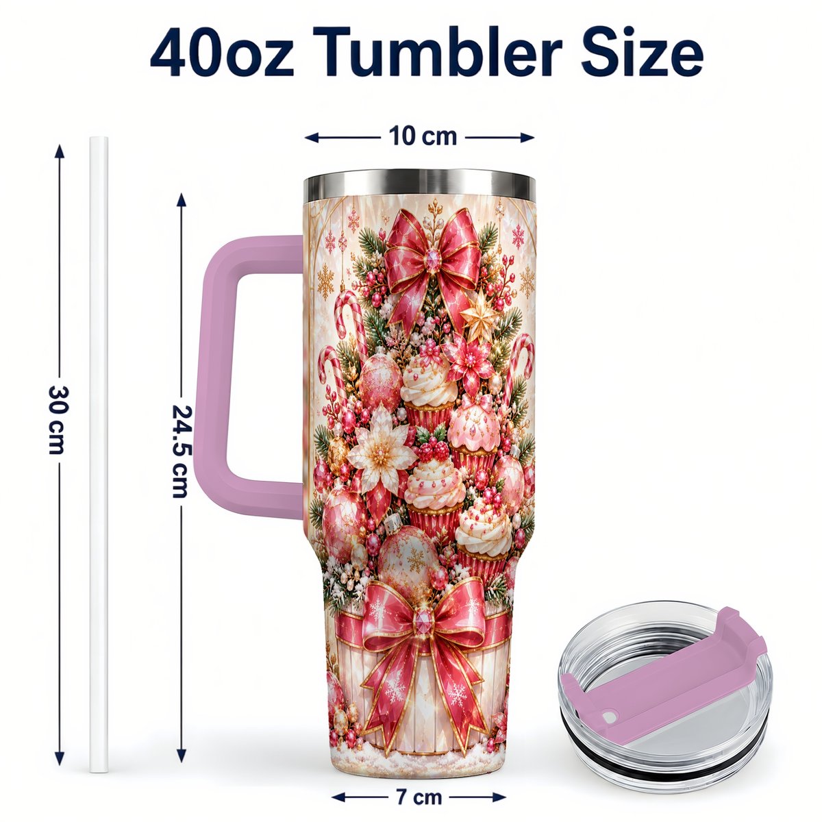 #pl[40oz|Pink] Pink Christmas 40oz Tumbler with Handle, Holiday Travel Cup for Women