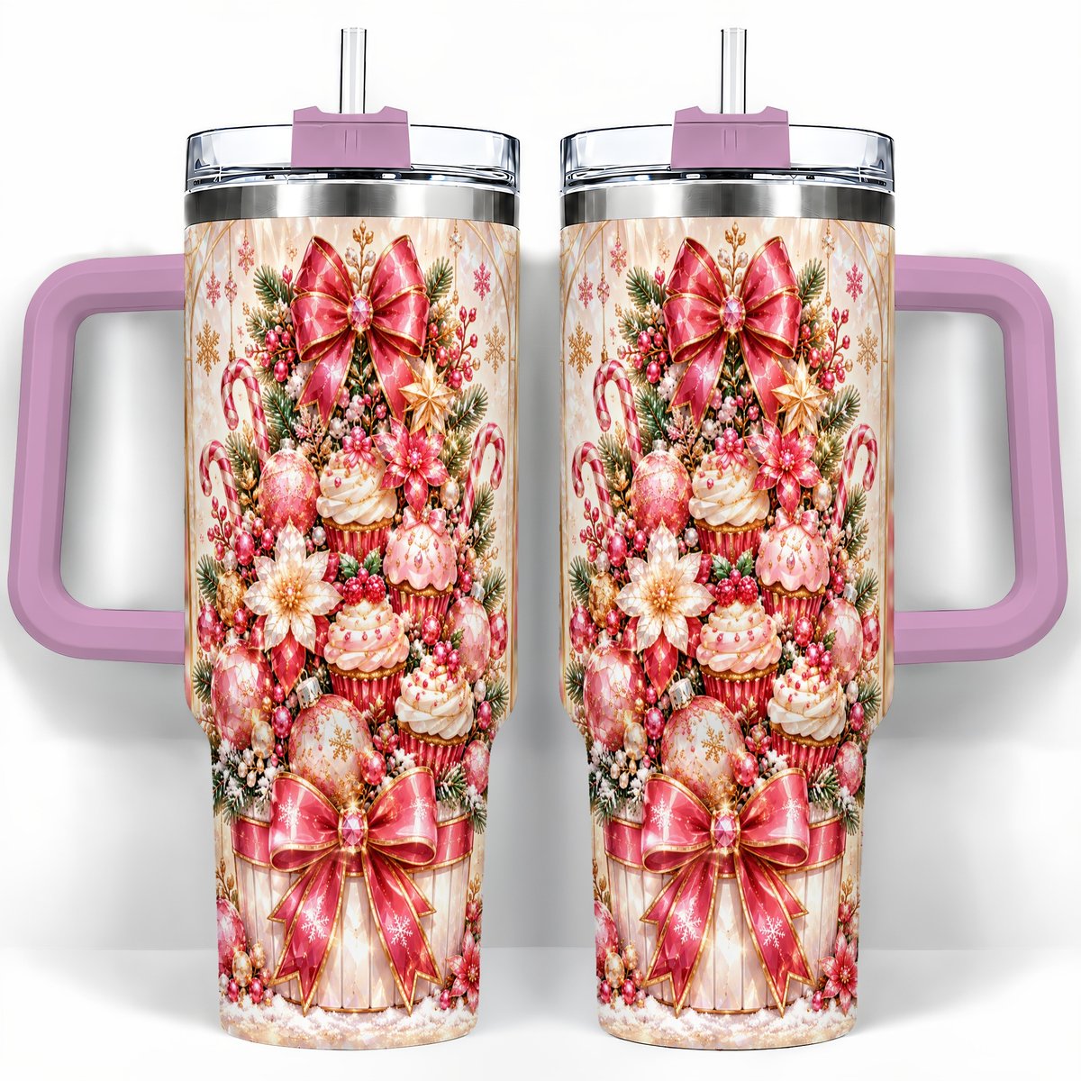 #pl[40oz|Pink] Pink Christmas 40oz Tumbler with Handle, Holiday Travel Cup for Women