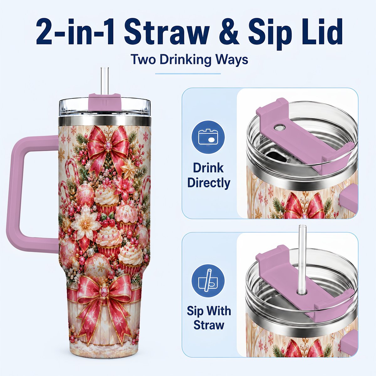 #pl[40oz|Pink] Pink Christmas 40oz Tumbler with Handle, Holiday Travel Cup for Women