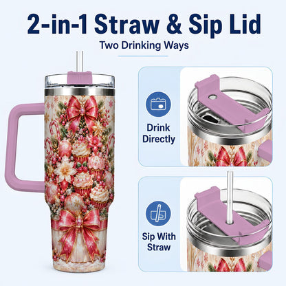 #pl[40oz|Pink] Pink Christmas 40oz Tumbler with Handle, Holiday Travel Cup for Women