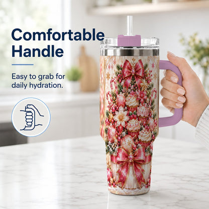 #pl[40oz|Pink] Pink Christmas 40oz Tumbler with Handle, Holiday Travel Cup for Women