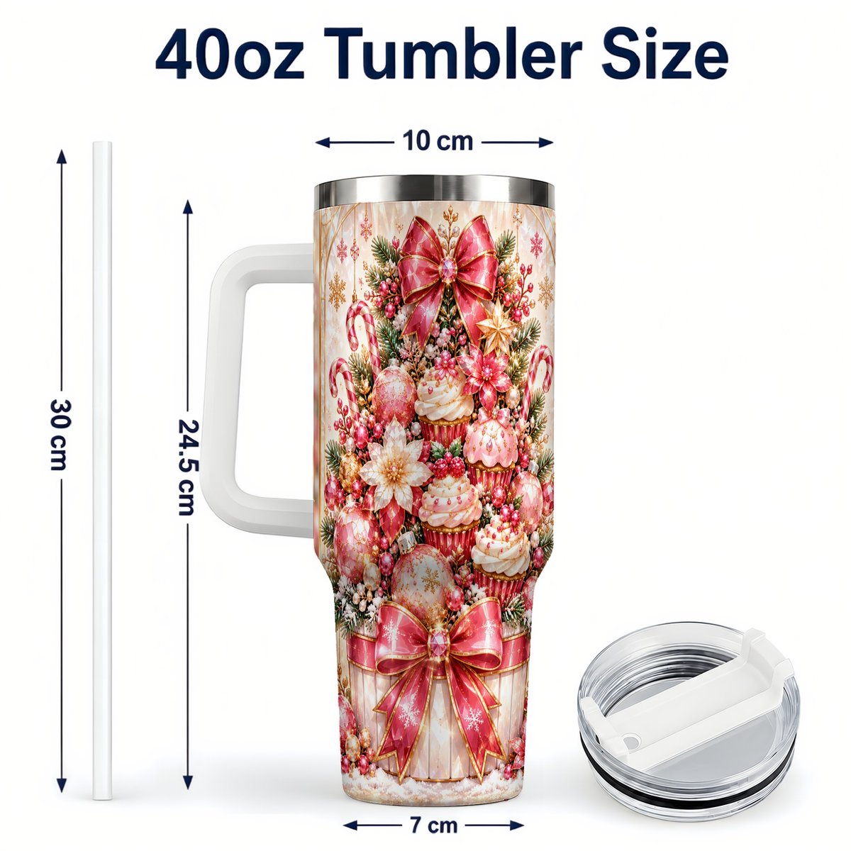 #pl[40oz|White] Pink Christmas 40oz Tumbler with Handle, Holiday Travel Cup for Women