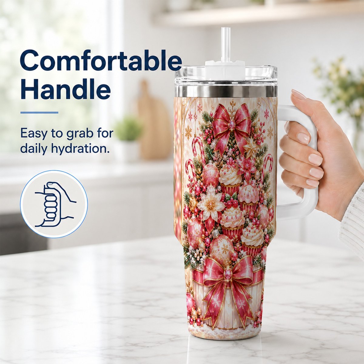 #pl[40oz|White] Pink Christmas 40oz Tumbler with Handle, Holiday Travel Cup for Women