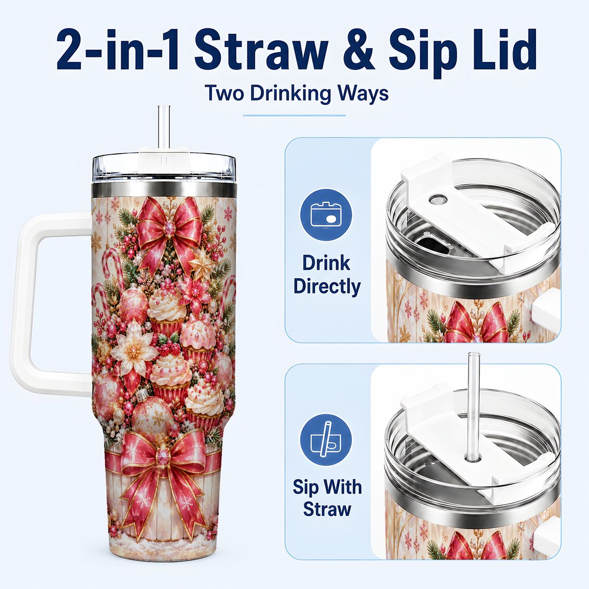 #pl[40oz|White] Pink Christmas 40oz Tumbler with Handle, Holiday Travel Cup for Women
