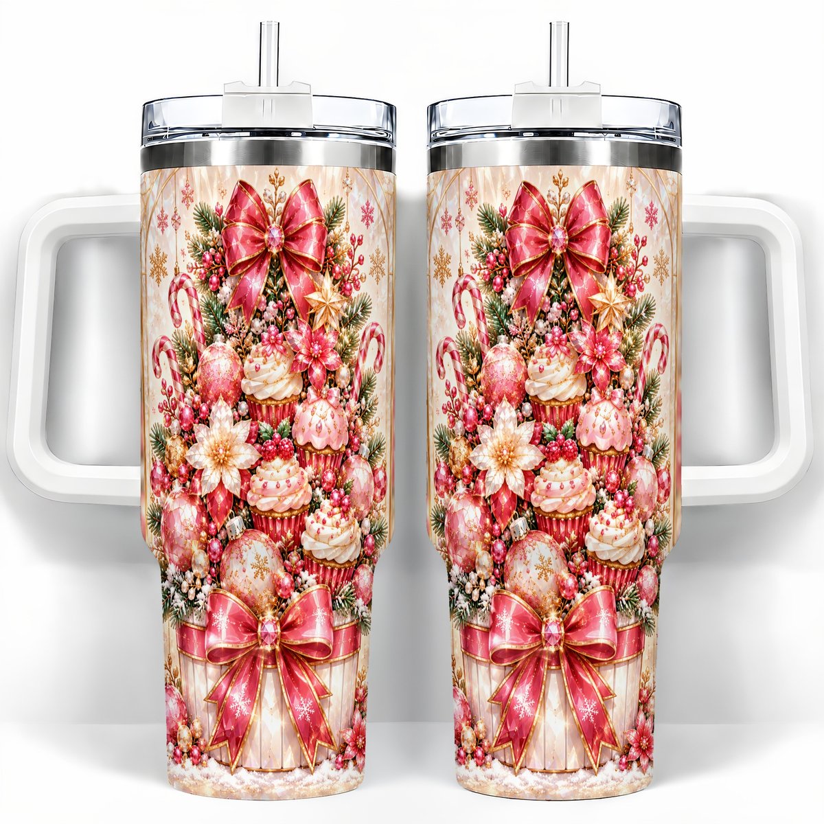 Pink Christmas 40oz Tumbler with Handle, Holiday Travel Cup for Women