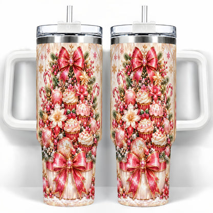 Pink Christmas 40oz Tumbler with Handle, Holiday Travel Cup for Women