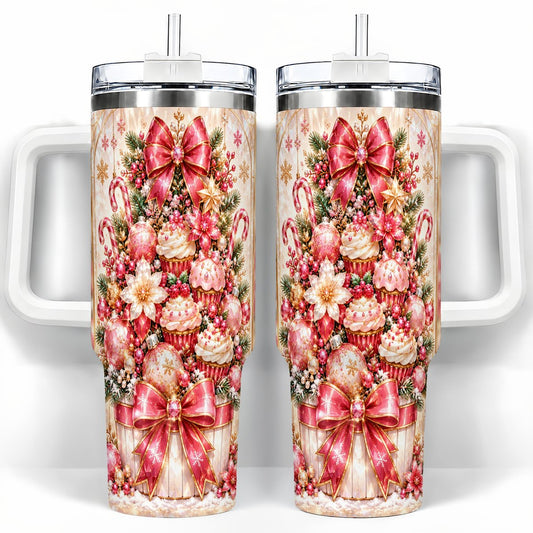 Pink Christmas 40oz Tumbler with Handle, Holiday Travel Cup for Women