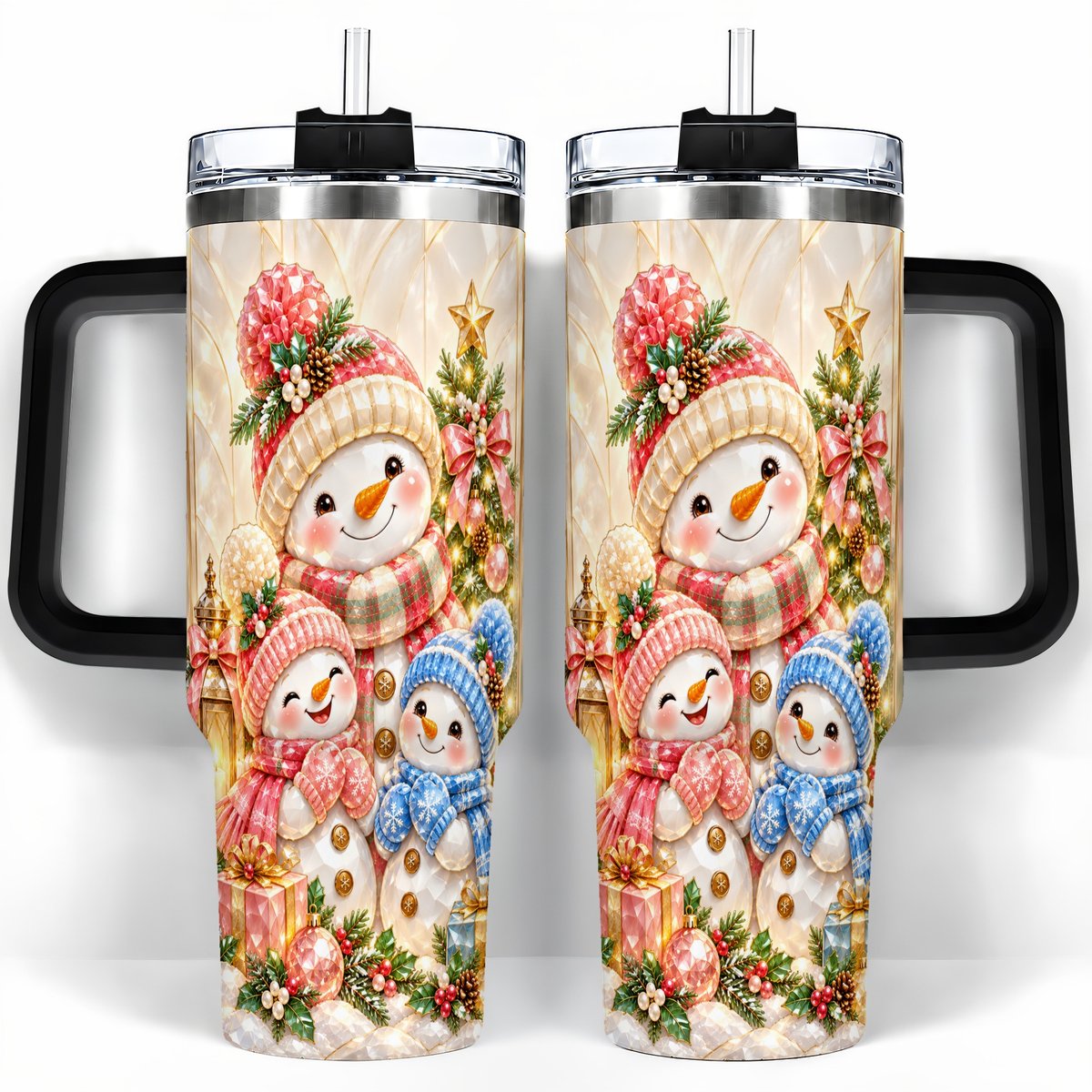 #pl[40oz|Black] Snowman Family 40oz Tumbler with Handle, Christmas Travel Cup for Mom