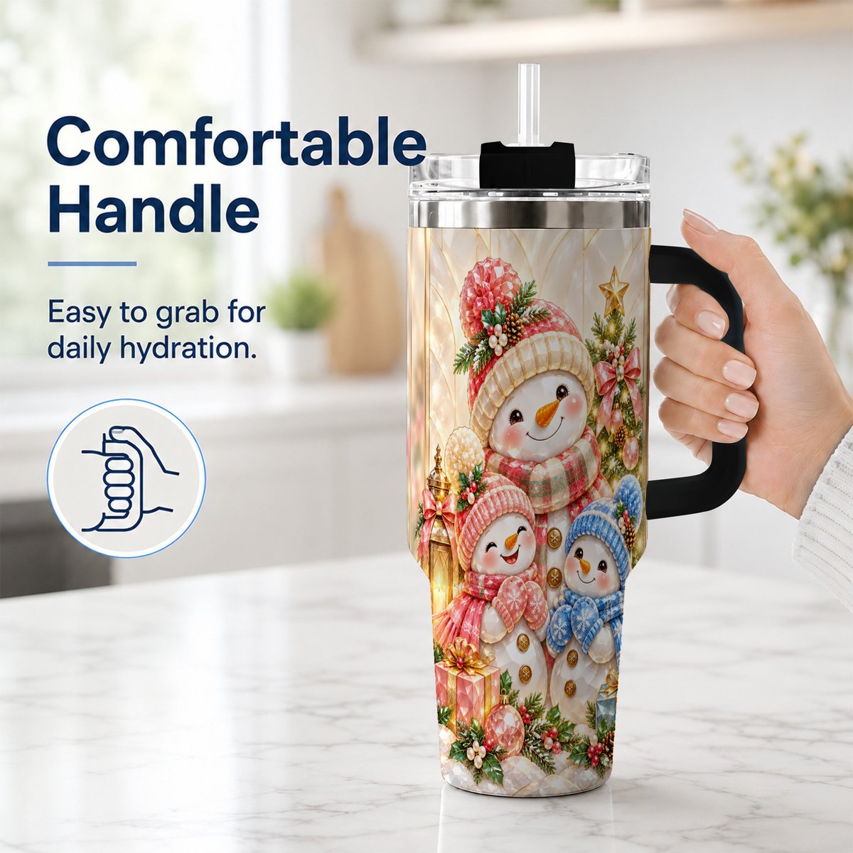 #pl[40oz|Black] Snowman Family 40oz Tumbler with Handle, Christmas Travel Cup for Mom