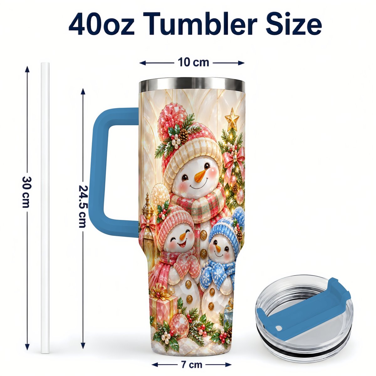 #pl[40oz|Blue] Snowman Family 40oz Tumbler with Handle, Christmas Travel Cup for Mom