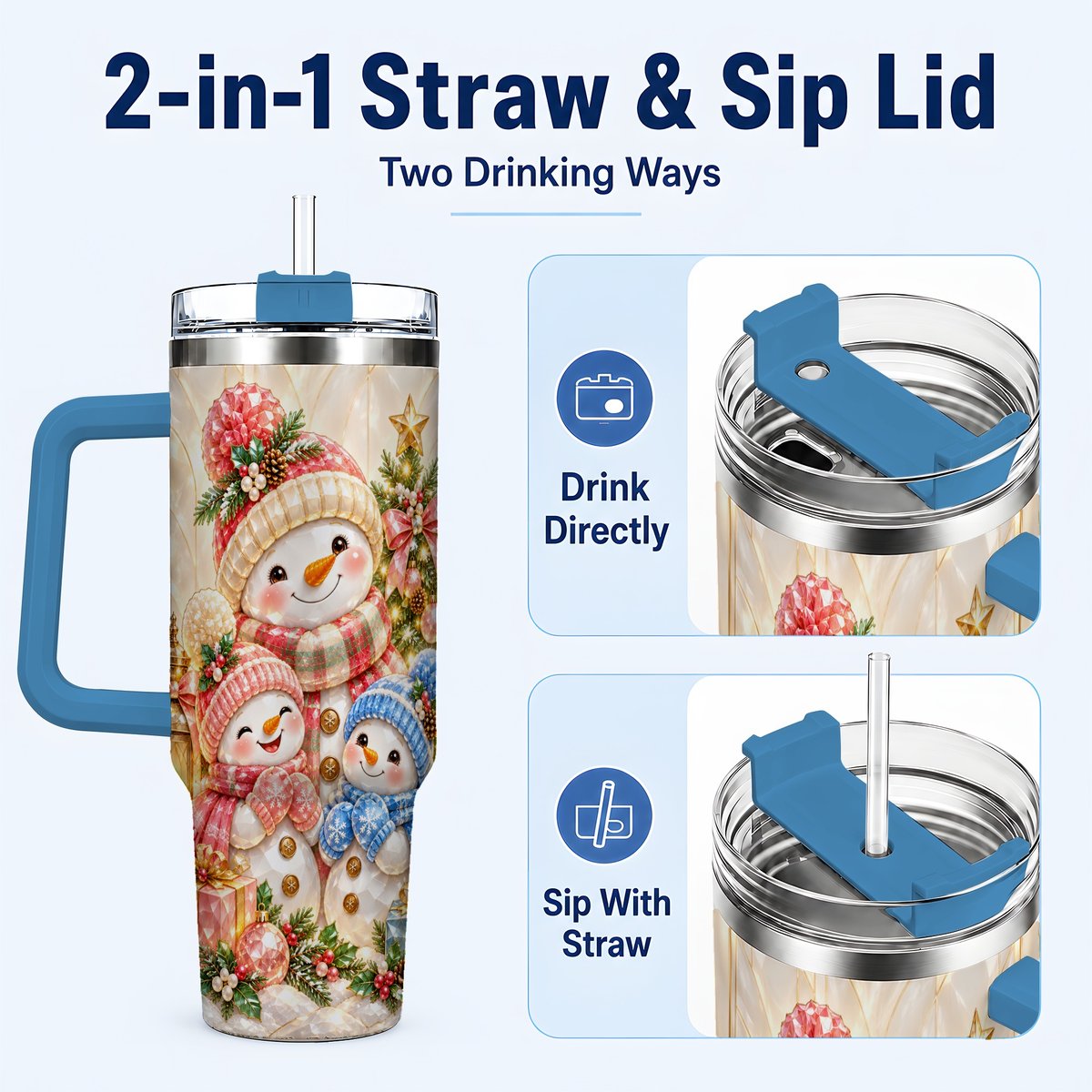 #pl[40oz|Blue] Snowman Family 40oz Tumbler with Handle, Christmas Travel Cup for Mom