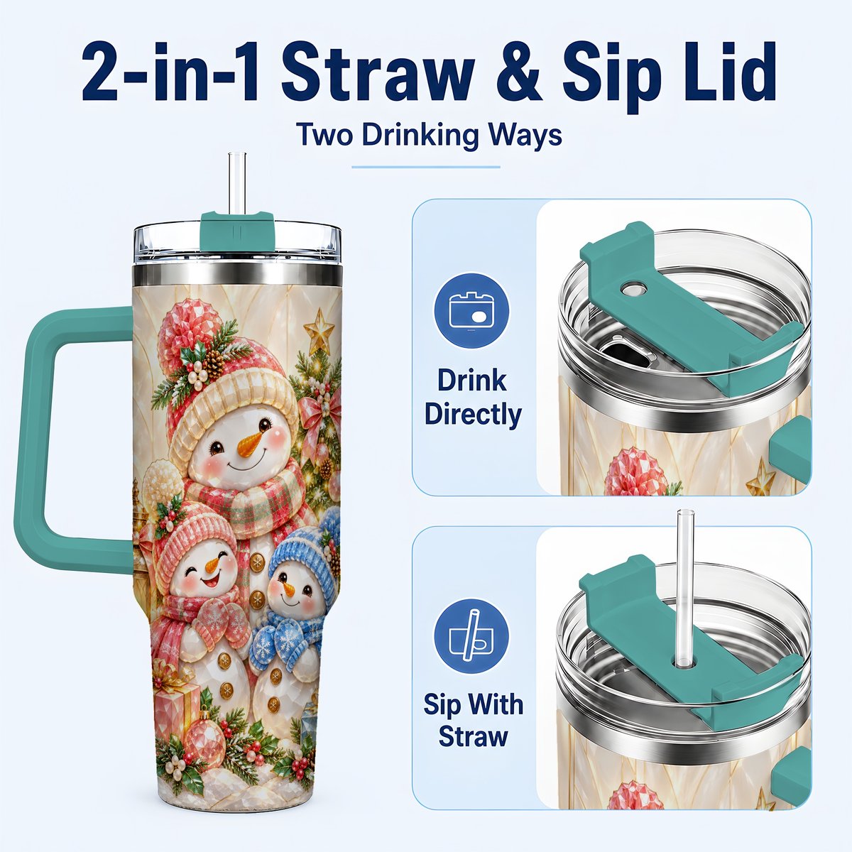 #pl[40oz|Green] Snowman Family 40oz Tumbler with Handle, Christmas Travel Cup for Mom