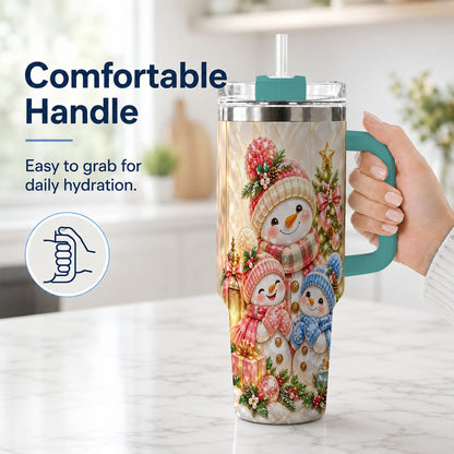 #pl[40oz|Green] Snowman Family 40oz Tumbler with Handle, Christmas Travel Cup for Mom