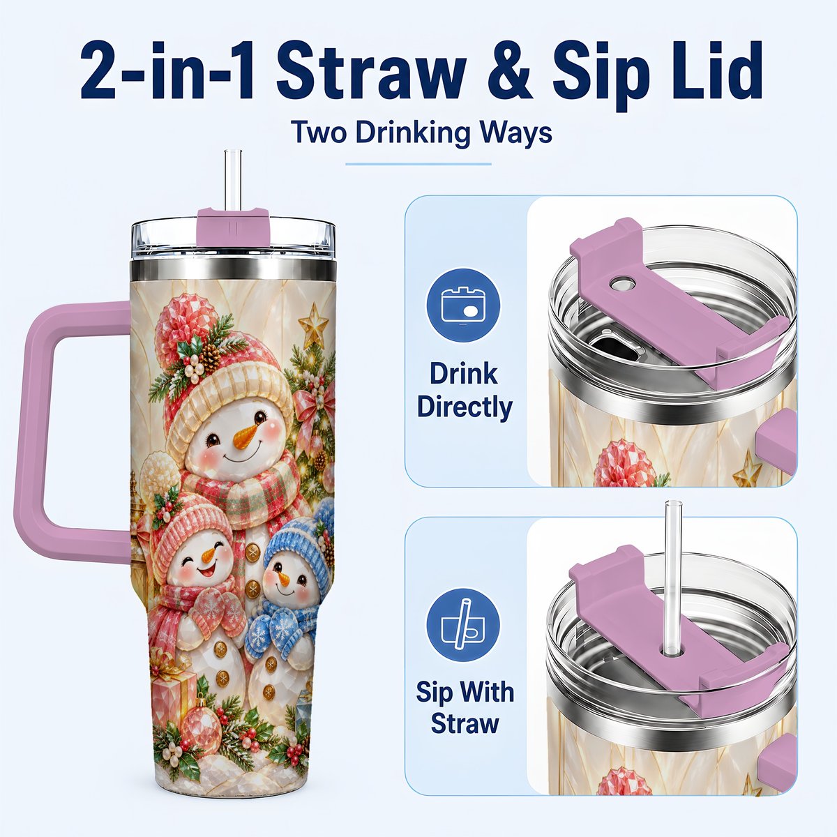 #pl[40oz|Pink] Snowman Family 40oz Tumbler with Handle, Christmas Travel Cup for Mom