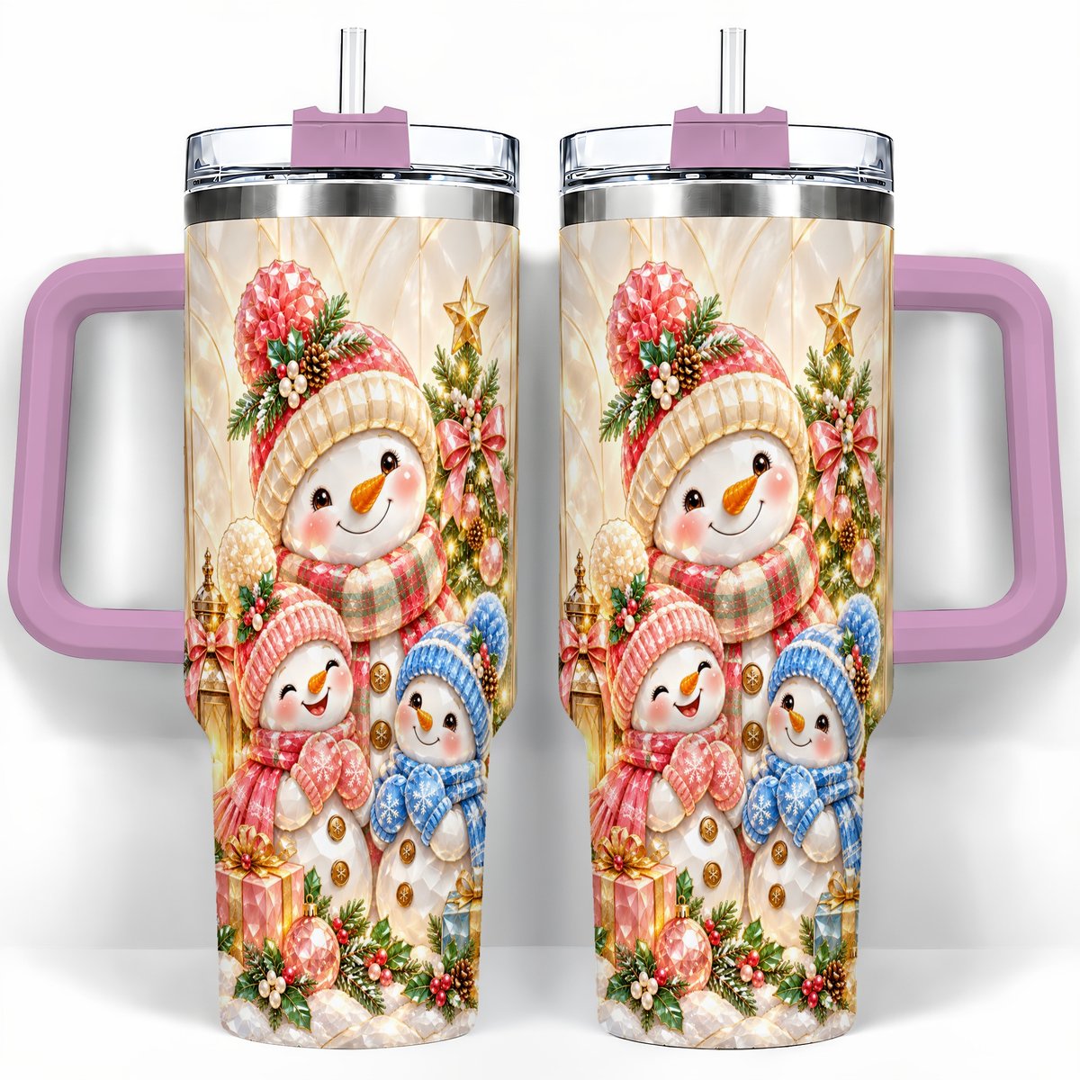 #pl[40oz|Pink] Snowman Family 40oz Tumbler with Handle, Christmas Travel Cup for Mom