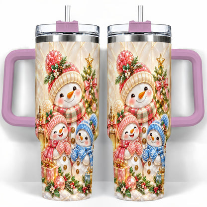 #pl[40oz|Pink] Snowman Family 40oz Tumbler with Handle, Christmas Travel Cup for Mom