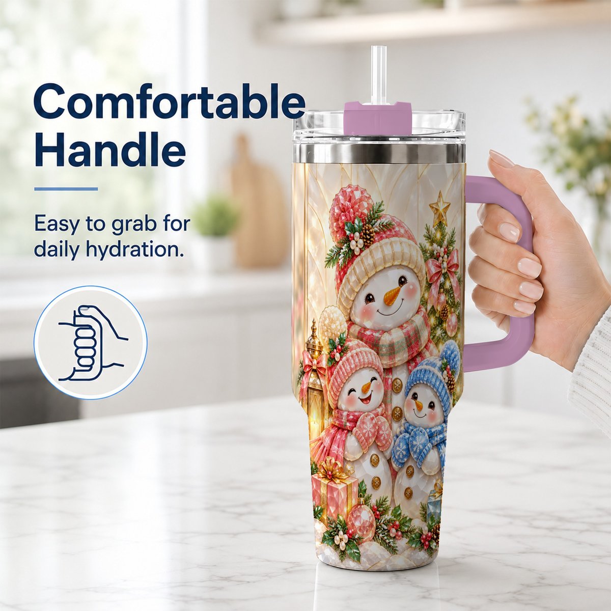 #pl[40oz|Pink] Snowman Family 40oz Tumbler with Handle, Christmas Travel Cup for Mom