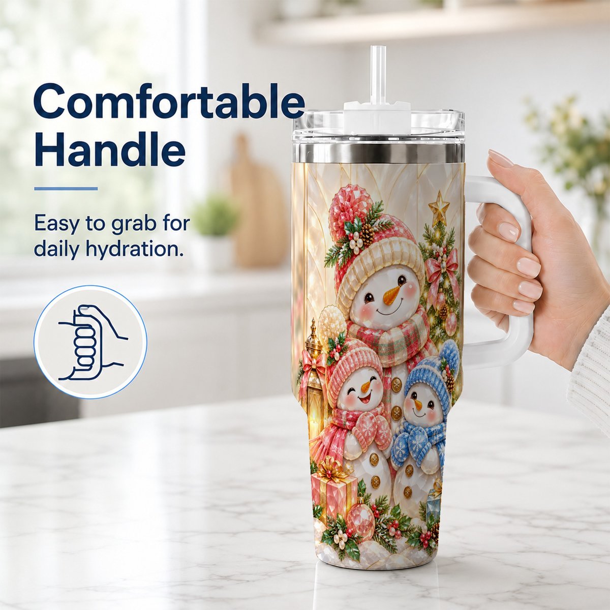 #pl[40oz|White] Snowman Family 40oz Tumbler with Handle, Christmas Travel Cup for Mom