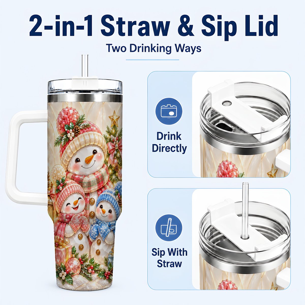 #pl[40oz|White] Snowman Family 40oz Tumbler with Handle, Christmas Travel Cup for Mom