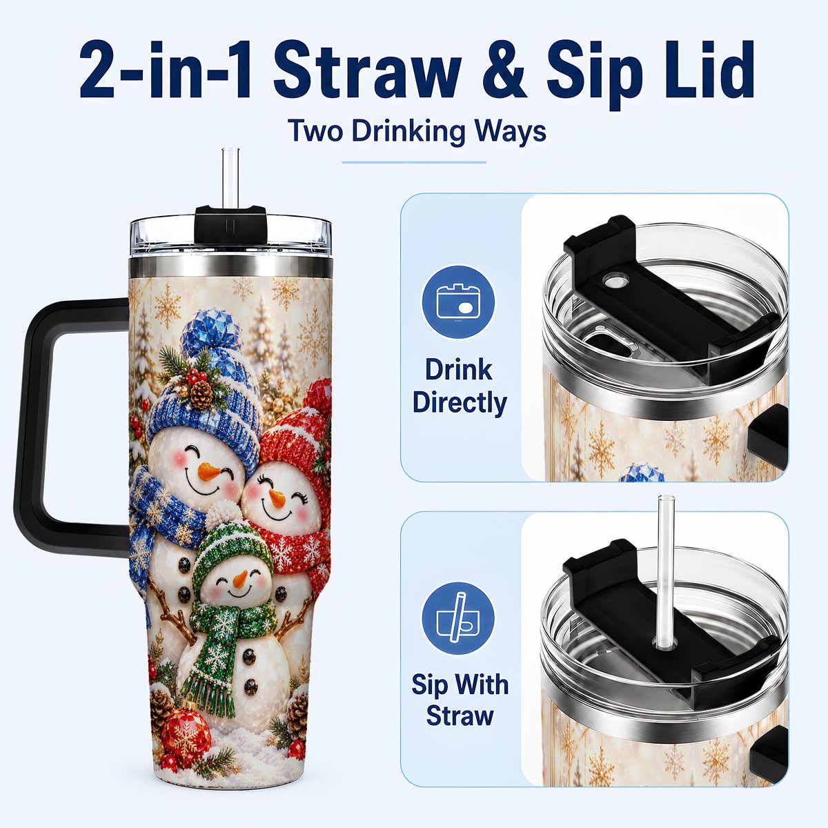 #pl[40oz|Black] Snowman Family 40oz Tumbler with Handle, Winter Travel Cup for Women
