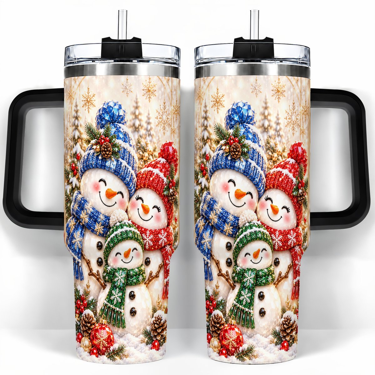#pl[40oz|Black] Snowman Family 40oz Tumbler with Handle, Winter Travel Cup for Women