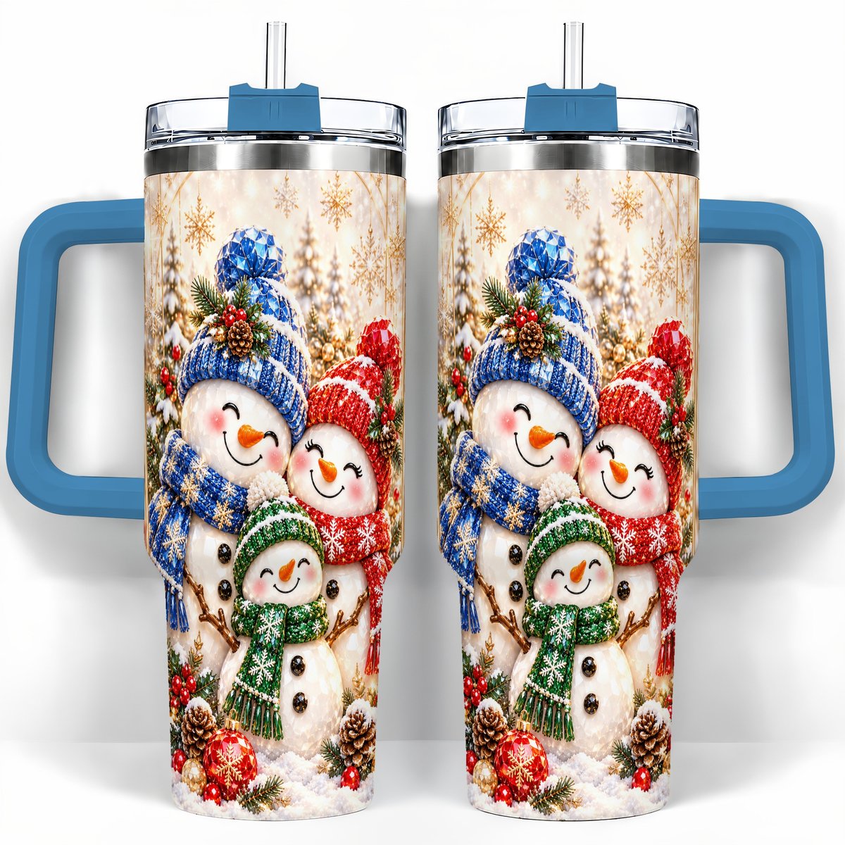 #pl[40oz|Blue] Snowman Family 40oz Tumbler with Handle, Winter Travel Cup for Women