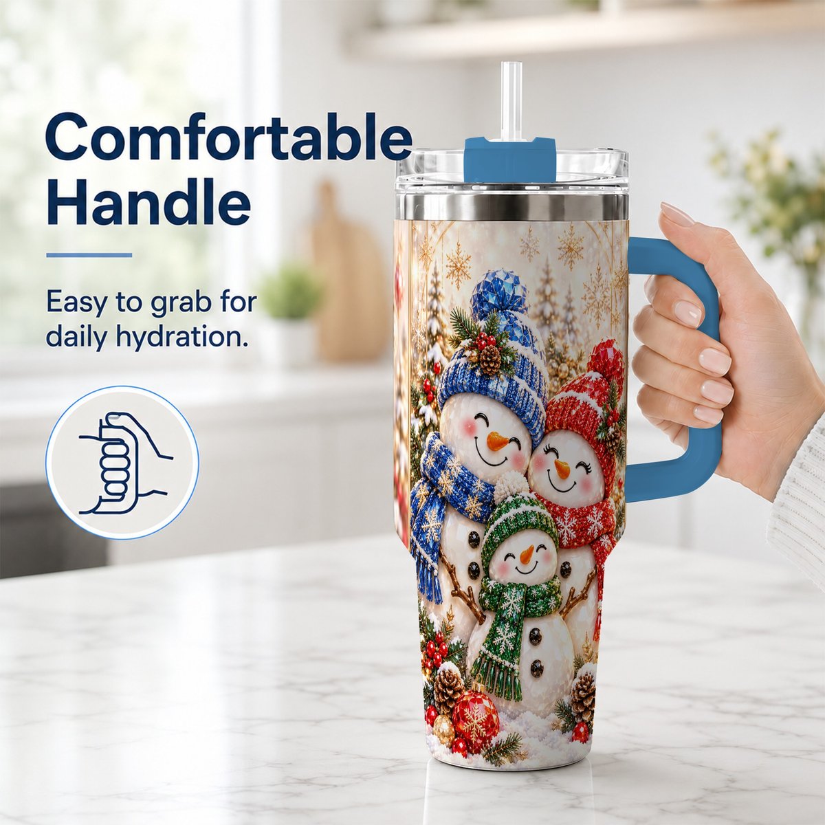 #pl[40oz|Blue] Snowman Family 40oz Tumbler with Handle, Winter Travel Cup for Women