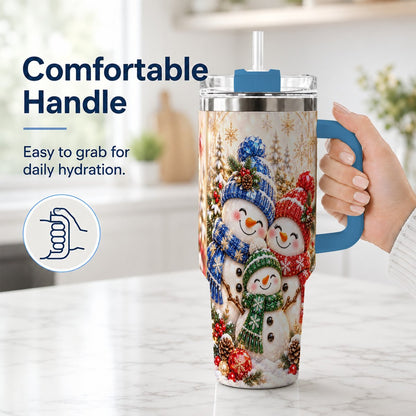 #pl[40oz|Blue] Snowman Family 40oz Tumbler with Handle, Winter Travel Cup for Women
