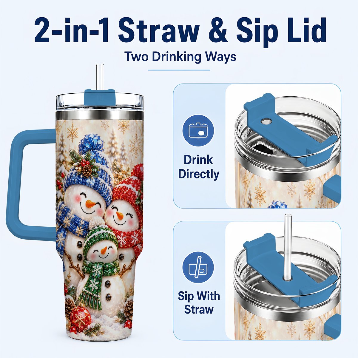 #pl[40oz|Blue] Snowman Family 40oz Tumbler with Handle, Winter Travel Cup for Women