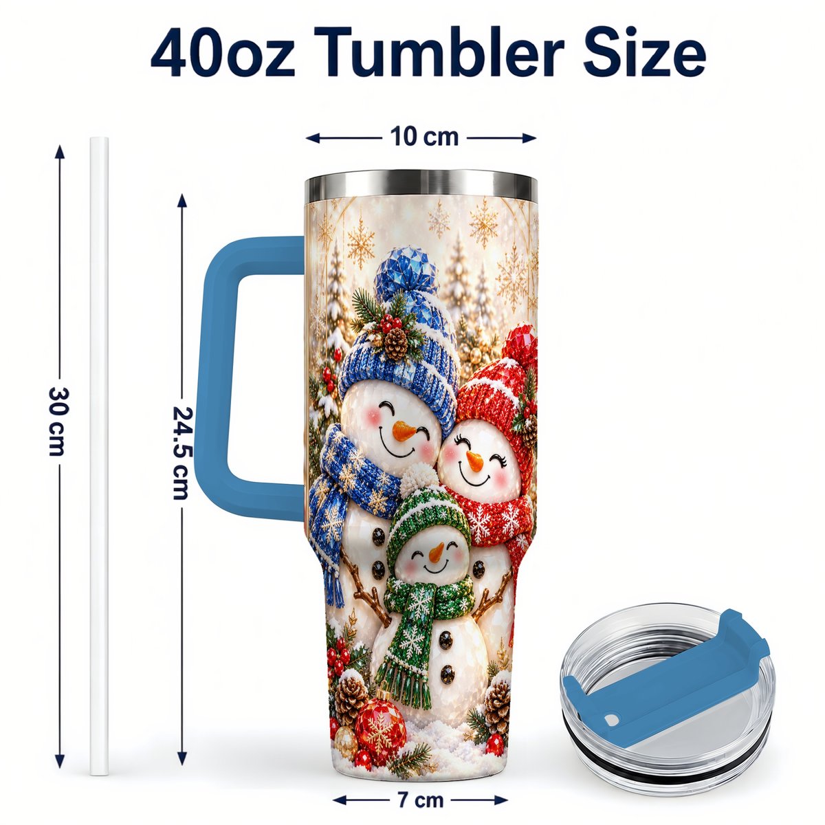 #pl[40oz|Blue] Snowman Family 40oz Tumbler with Handle, Winter Travel Cup for Women
