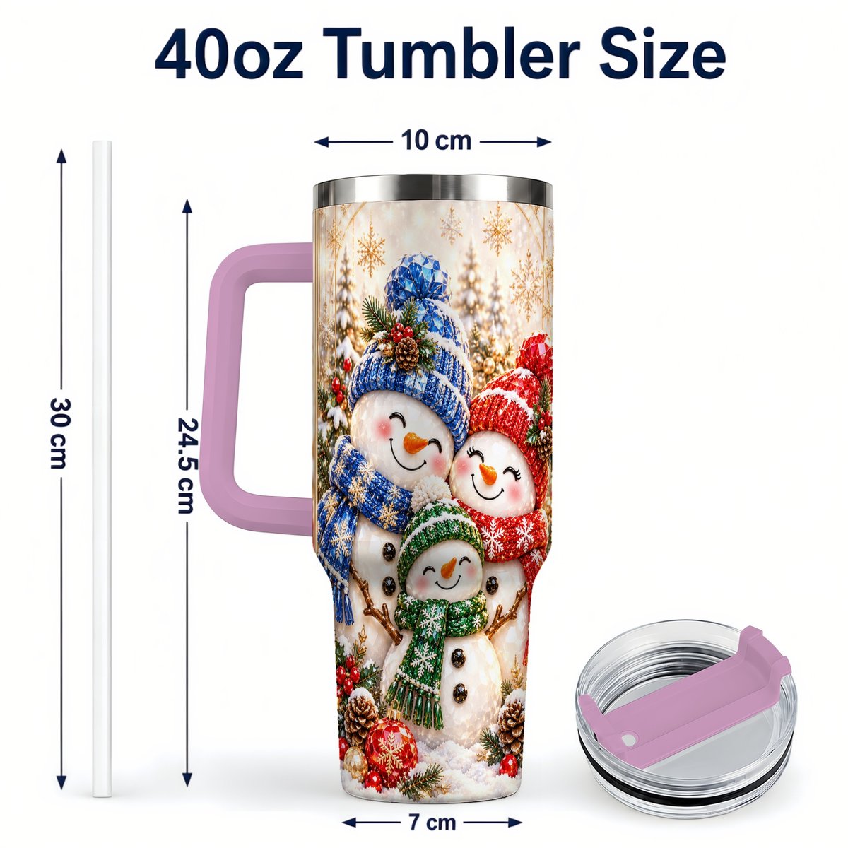 #pl[40oz|Pink] Snowman Family 40oz Tumbler with Handle, Winter Travel Cup for Women