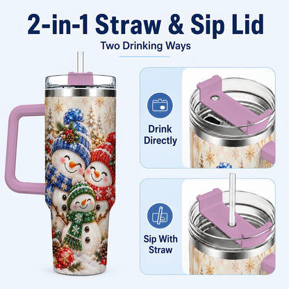 #pl[40oz|Pink] Snowman Family 40oz Tumbler with Handle, Winter Travel Cup for Women